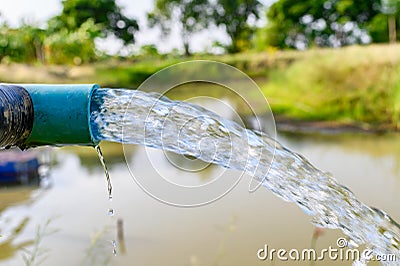 Agriculture blue pipe with groundwater gushing Stock Photo