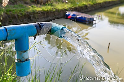 Agriculture blue pipe with groundwater gushing Stock Photo