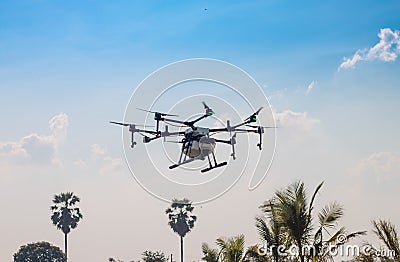 Agriculture drone aircraft fly on sky Stock Photo