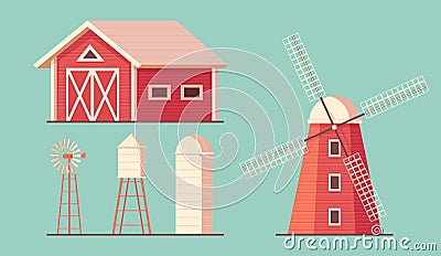 Agriculture. Farm building. Drinking water tower. Windmill waterpump and silo srorage barn for corn and harvest. Vector Illustration