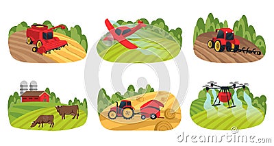 Agriculture farm fields. Rural lands. Tractor and airplane. Livestock cultivation. Farming machinery. Drone robot Vector Illustration