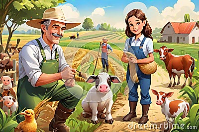 Agriculture farm life summer field work play cartoon Cartoon Illustration