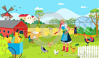 Agriculture farm plant, people work in nature garden vector illustration. Cartoon gardener, farmer and rural natural Vector Illustration