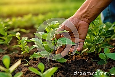 Farmer hand touching plants crop at farm, AI Generative Stock Photo