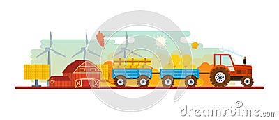 Agriculture and farming. Agribusiness. Rural landscape. Farm and farmland. Vector Illustration