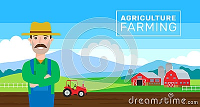 Agriculture farming banner.farmer field barn tractor Vector Illustration