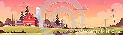 Agriculture And Farming, Farmland Countryside Sunset Landscape Vector Illustration