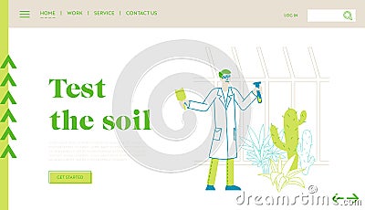 Agriculture, Farming Industry, Botany Science Landing Page. Botanist Scientist Character in Greenhouse with Test Tube Vector Illustration