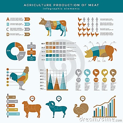 Agriculture farming infographic. Food animals farm technology nutrition business infographic template table chart with Vector Illustration