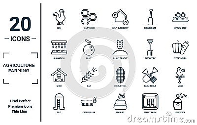 agriculture.farming linear icon set. includes thin line hen, irrigation, shed, silo, pesticide, plant sprout, vane icons for Vector Illustration