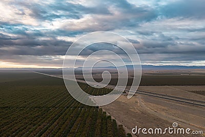 Agriculture fields in Central California at sunrise. Stock Photo