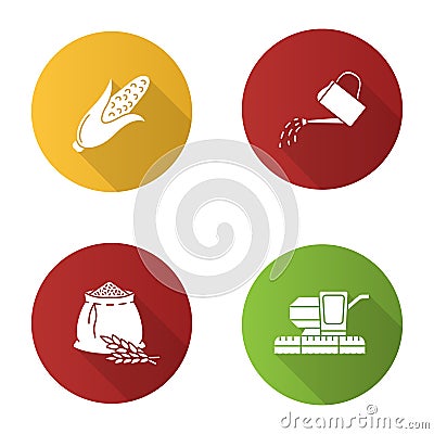 Agriculture flat design long shadow glyph icons set Vector Illustration