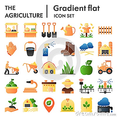 Agriculture flat icon set, farming symbols collection, vector sketches, logo illustrations, gardening signs color Vector Illustration