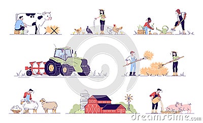 Agriculture flat vector illustrations. Animal husbandry cartoon concepts with outline. Dairy, poultry and sheep farms Vector Illustration