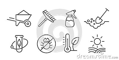 Agriculture and gardener. Growing plants. Set of icons. Sowing seeds. Vector contour line. Vector Illustration