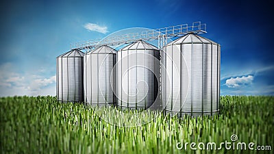 Agriculture grain silos on grass under blue sky. 3D illustration Cartoon Illustration