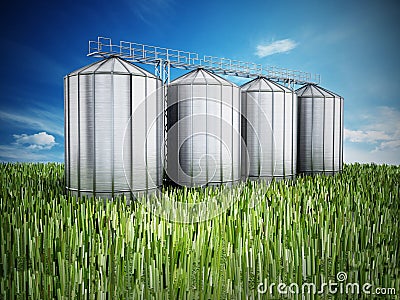 Agriculture grain silos on grass under blue sky. 3D illustration Cartoon Illustration