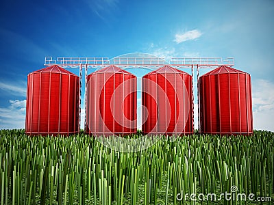 Agriculture grain silos on grass under blue sky. 3D illustration Cartoon Illustration