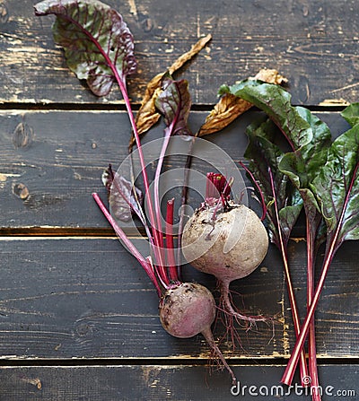 Agriculture. A group of beets with tops on a dark wooden background Stock Photo