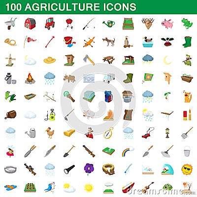 100 agriculture icons set, cartoon style Vector Illustration