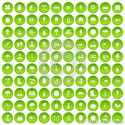 100 agriculture icons set green circle Vector Illustration