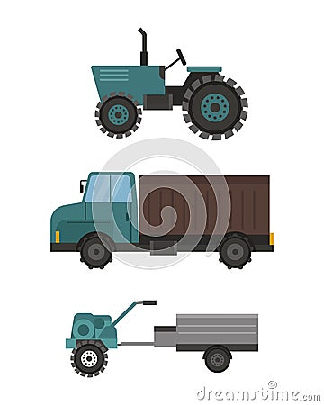 Agriculture industrial farm equipment machinery tractor combine and excavator rural machinery corn car harvesting wheel Vector Illustration