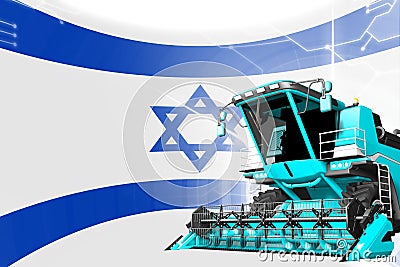 Agriculture innovation concept, blue advanced rural combine harvester on Israel flag - digital industrial 3D illustration Cartoon Illustration