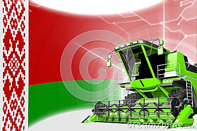 Agriculture innovation concept, green advanced rural combine harvester on Belarus flag - digital industrial 3D illustration Cartoon Illustration