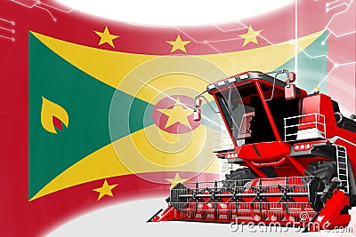 Agriculture innovation concept, red advanced grain combine harvester on Grenada flag - digital industrial 3D illustration Cartoon Illustration