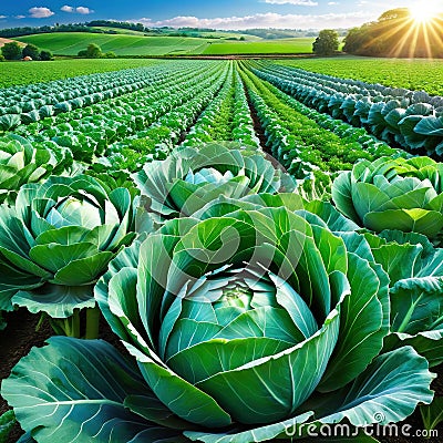 Agriculture landscape with organic cabbages growing on vegetable Natural vegetables and greenery Natural fruits and Cartoon Illustration