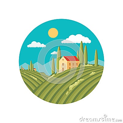 Agriculture landscape with vineyard. Vector abstract illustration in flat style design. Vector logo template. Vector Illustration