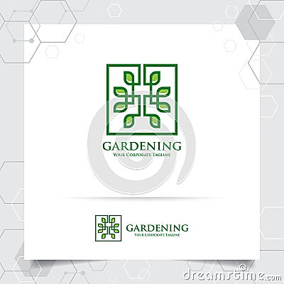 Agriculture logo design with concept of circular leaves like flowers vector. Green nature logo used for agricultural systems, Vector Illustration