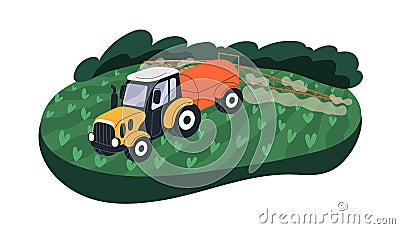 Agriculture machine fertilizing farm land, soil. Tractor spraying fertilizer on agricultural ground, farmland. Crop Vector Illustration