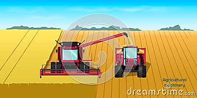 Agriculture machinery. Harvester combine and tractor on field. Industrial landscape. Farmer panorama. Harvesting scene Vector Illustration