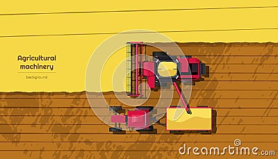 Agriculture machinery. Top view of harvester combine and tractor on field. Industrial landscape. Farmer work panorama Vector Illustration