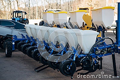 Agriculture machinery. Working parts of modern pneumatic agricultural seeder Stock Photo