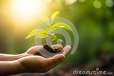 ecology agriculture nature green plant care hand leaf growth life. Generative AI. Stock Photo