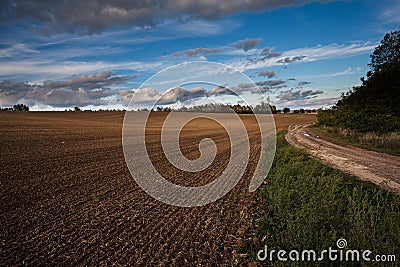 Agriculture plowed field and blue sky with clouds in sunset Stock Photo