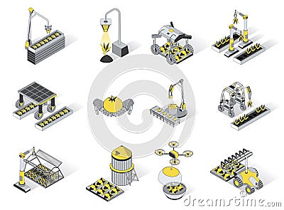 Agriculture robotisation 3d isometric icons set. Cartoon Illustration