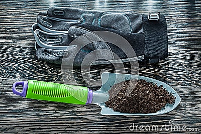 Agriculture shovel soil safety gloves on wooden board Stock Photo