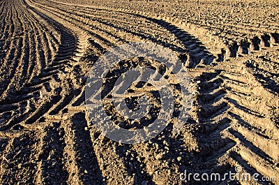 Agriculture tractor traces on farm field soil Stock Photo