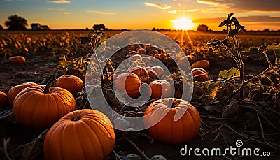 Agriculture vibrant celebration pumpkin lanterns glow in spooky autumn dusk generated by AI Stock Photo