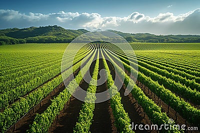 Agriculture view green field with orderly rows of vines Stock Photo