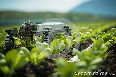 Agricultures future Robotic efficiency takes over watering copyspace for industry transformation Stock Photo