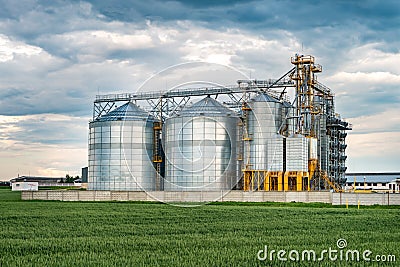 Agro-processing plant for processing and silos for drying cleaning and storage of agricultural products, flour, cereals and grain Stock Photo