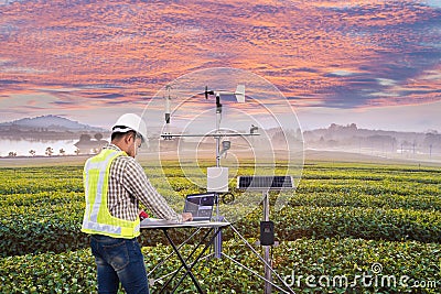 .Agronomist using tablet computer collect data with meteorological instrument to measure the wind speed, temperature and humidity Stock Photo