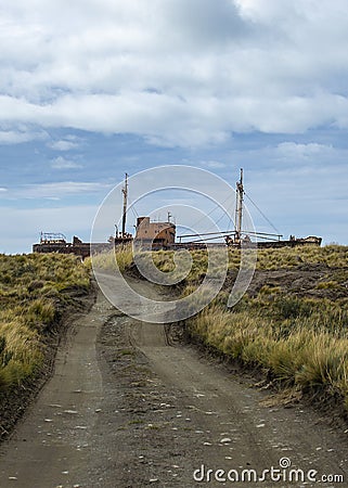 Aground ship at horizon, cabo san pablo, argentina Stock Photo