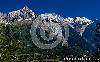 Aguille du Midi and Montblanc view from Chamoni panorama Stock Photo