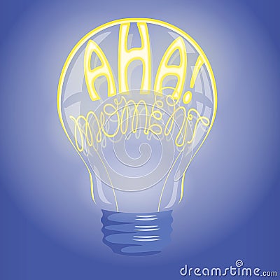 Aha! moment neon lettering in lightbulb Vector Illustration