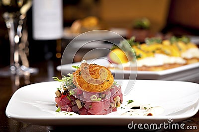 Ahi Tuna Tartare with Deep Fried Soft Boiled Egg Stock Photo
